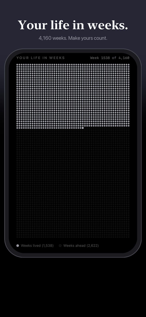 TimeDot screen: Your life in weeks.